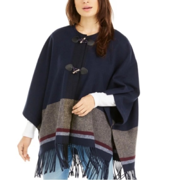 Burgundy Navy Gray Color Block Tommy Coat Cold Weather Fringe Trim NEW NWOT - Picture 6 of 16